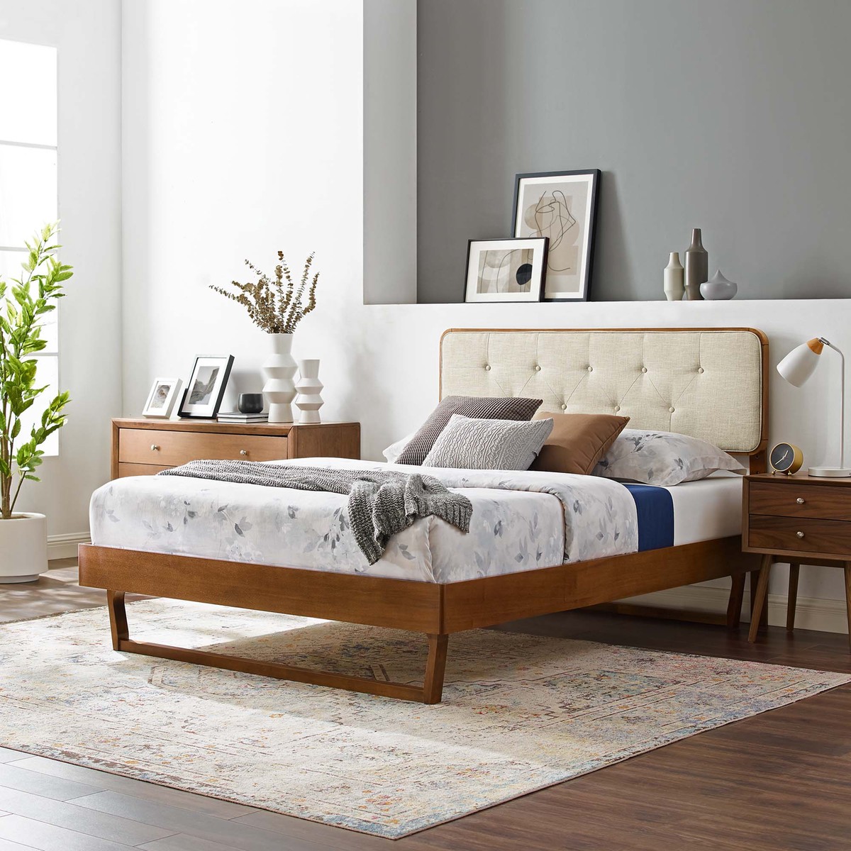 Bridgette Walnut/Beige Wood Full Platform Bed With Angular Frame